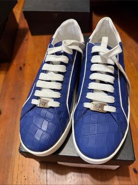 Versace Blue Croc-Embossed Leather Sneakers with White Laces